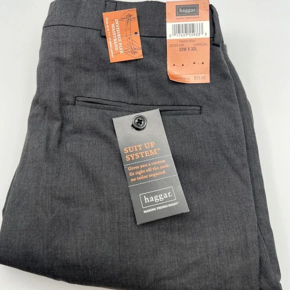 Haggar Dress Pants Mens 32x32 Charcoal NEW Pleated Invisible Flex 228369 456 - Picture 1 of 10